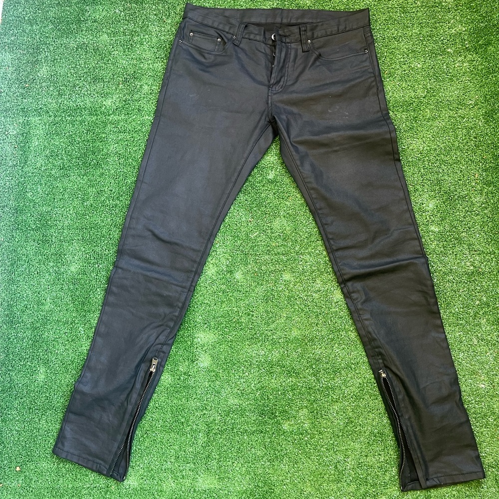 MNML black wax coat leather pants with zippers and silver buttons